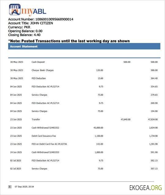 Relevé de compte Pakistan Myabl Modèle Word et PDF
